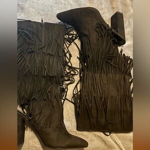 Fringe Suede Knee-High Boots - Black